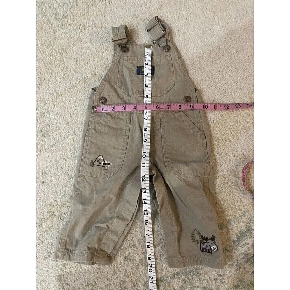 Cute OSHKOSH B'GOSH Tan Khaki Camping OVERALLS Sz 9 Months Moose Osh Kosh